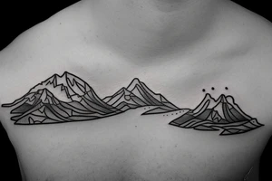 Line tattoo with sun shining over blue ridge mountains and a trail below with water over a stream tattoo idea