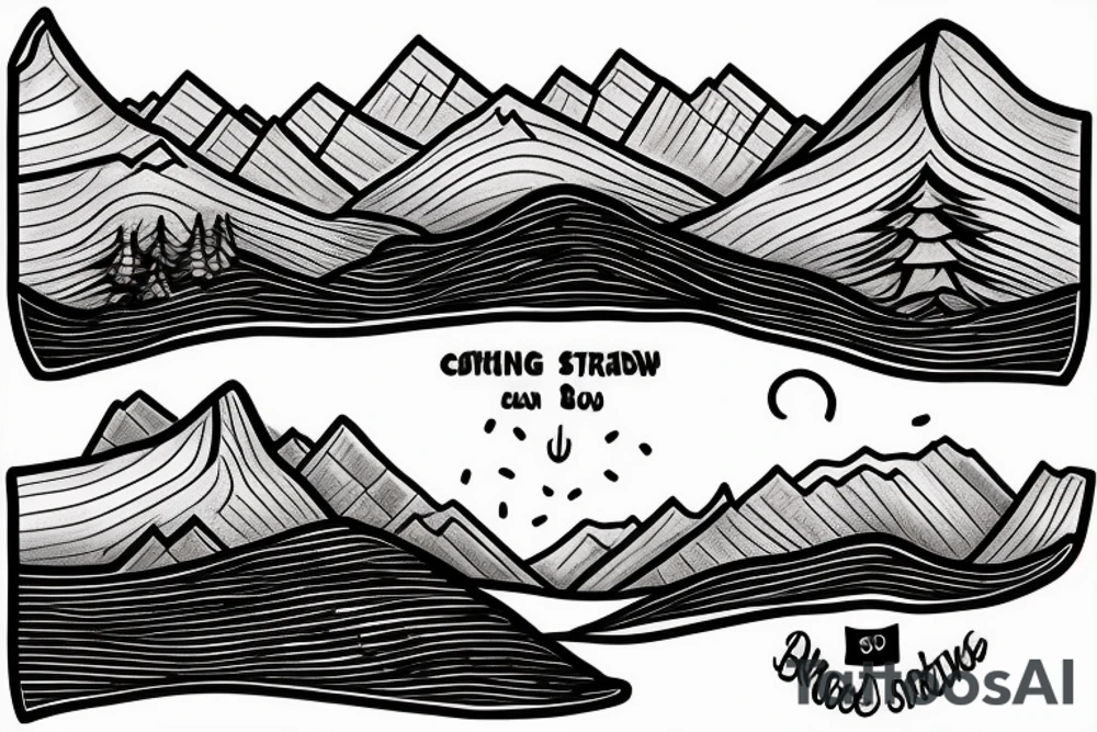 Line tattoo with sun shining over blue ridge mountains and a trail below with bridge over a stream tattoo idea