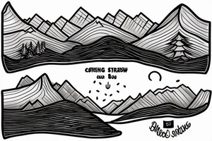 Line tattoo with sun shining over blue ridge mountains and a trail below with bridge over a stream tattoo idea