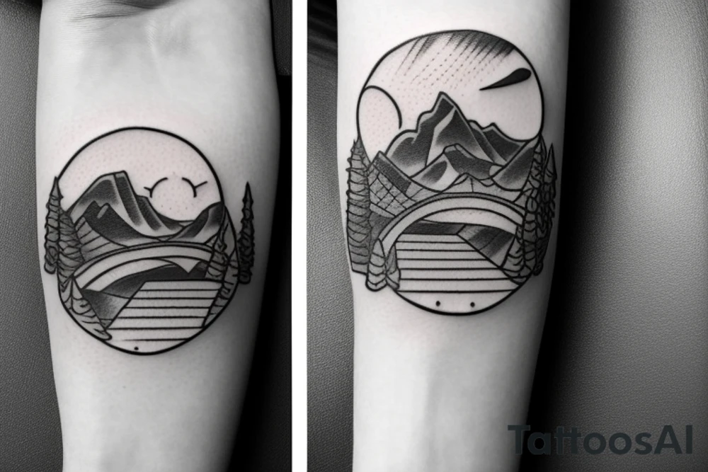 Line tattoo with sun shining over blue ridge mountains and a trail below with bridge over a stream tattoo idea