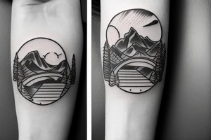 Line tattoo with sun shining over blue ridge mountains and a trail below with bridge over a stream tattoo idea