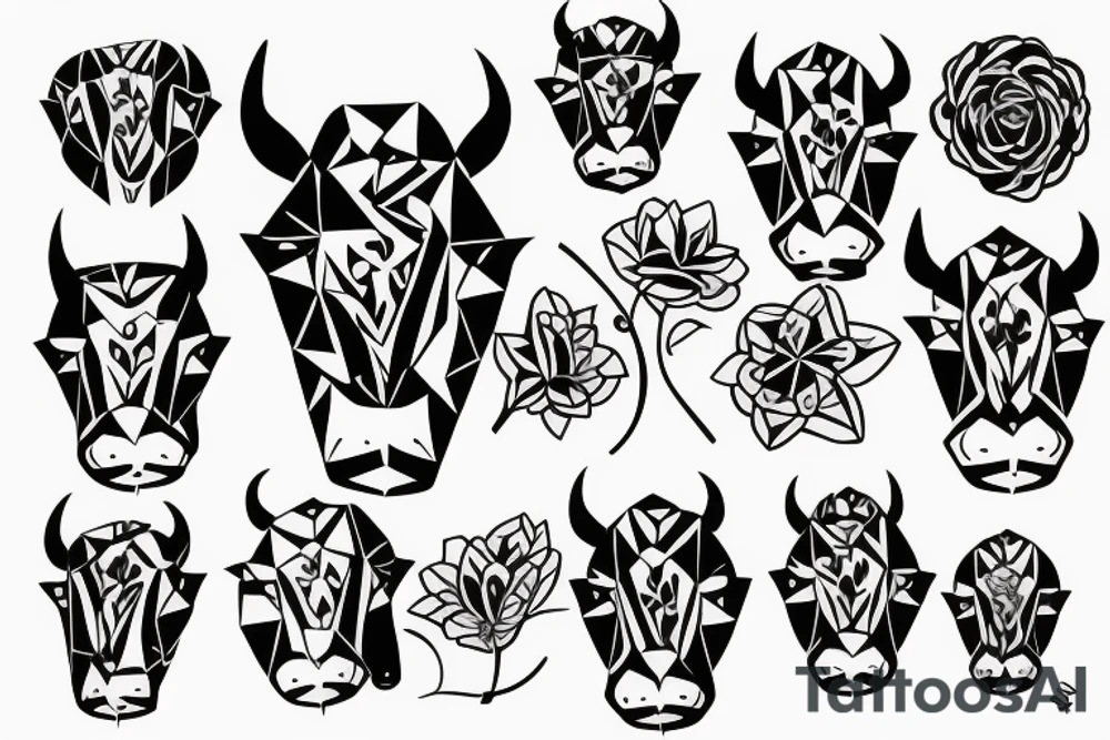 Minimalist bull head with flowers tattoo idea