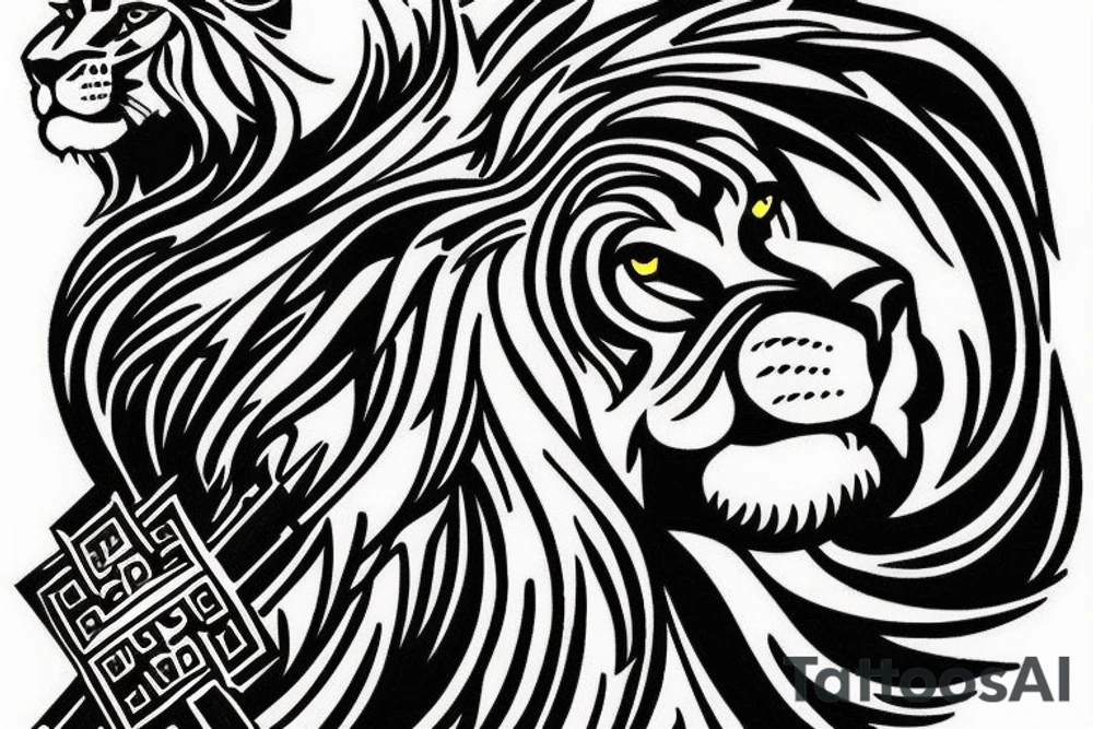 powerful lion standing in the center, with a large cross behind it. The lion could be depicted with a fierce expression, and its mane could be blowing in the wind. The cross could be made of steel beams and have a construction-like appearance, with rivets and bolts visible. tattoo idea