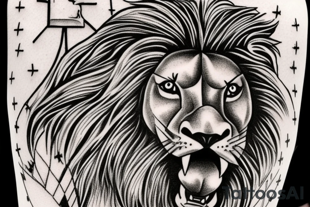 powerful lion standing in the center, with a large cross behind it. The lion could be depicted with a fierce expression, and its mane could be blowing in the wind. The cross could be made of steel beams and have a construction-like appearance, with rivets and bolts visible. tattoo idea