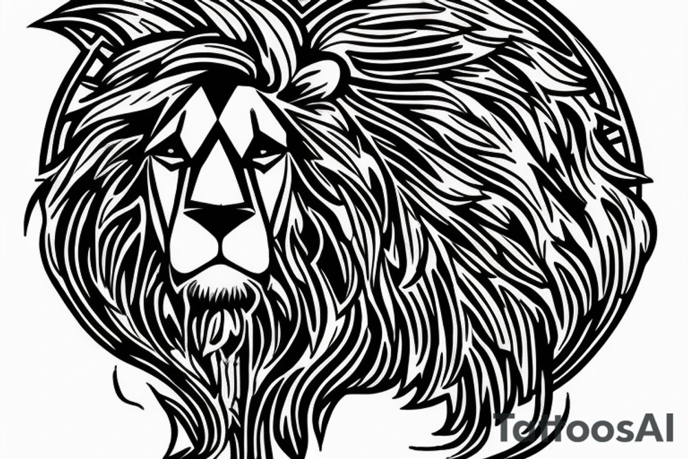 powerful lion standing in the center, with a large cross behind it. The lion could be depicted with a fierce expression, and its mane could be blowing in the wind. The cross could be made of steel beams and have a construction-like appearance, with rivets and bolts visible. tattoo idea
