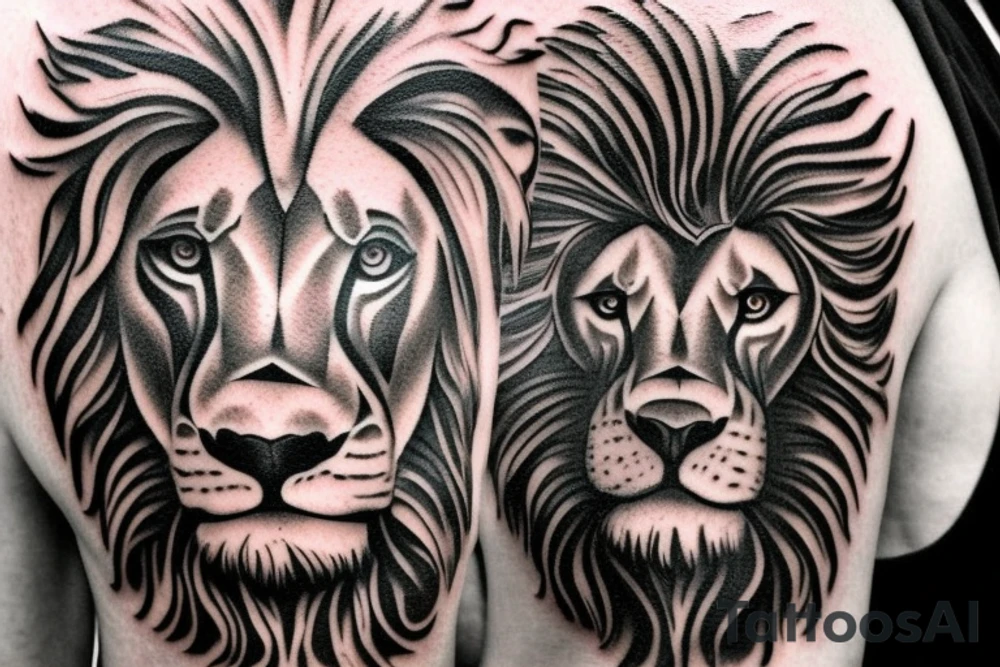 powerful lion standing in the center, with a large cross behind it. The lion could be depicted with a fierce expression, and its mane could be blowing in the wind. The cross could be made of steel beams and have a construction-like appearance, with rivets and bolts visible. tattoo idea
