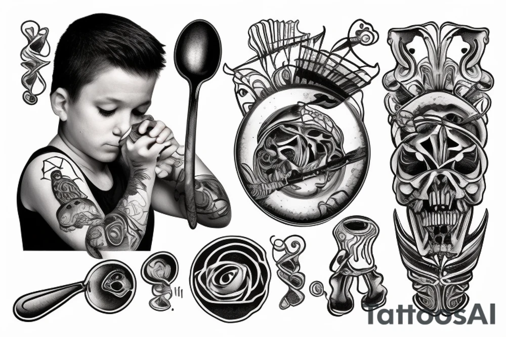 a boy on stairs looking up with a spoon in hand spilling a bit oil from it tattoo idea