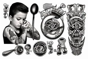 a boy on stairs looking up with a spoon in hand spilling a bit oil from it tattoo idea
