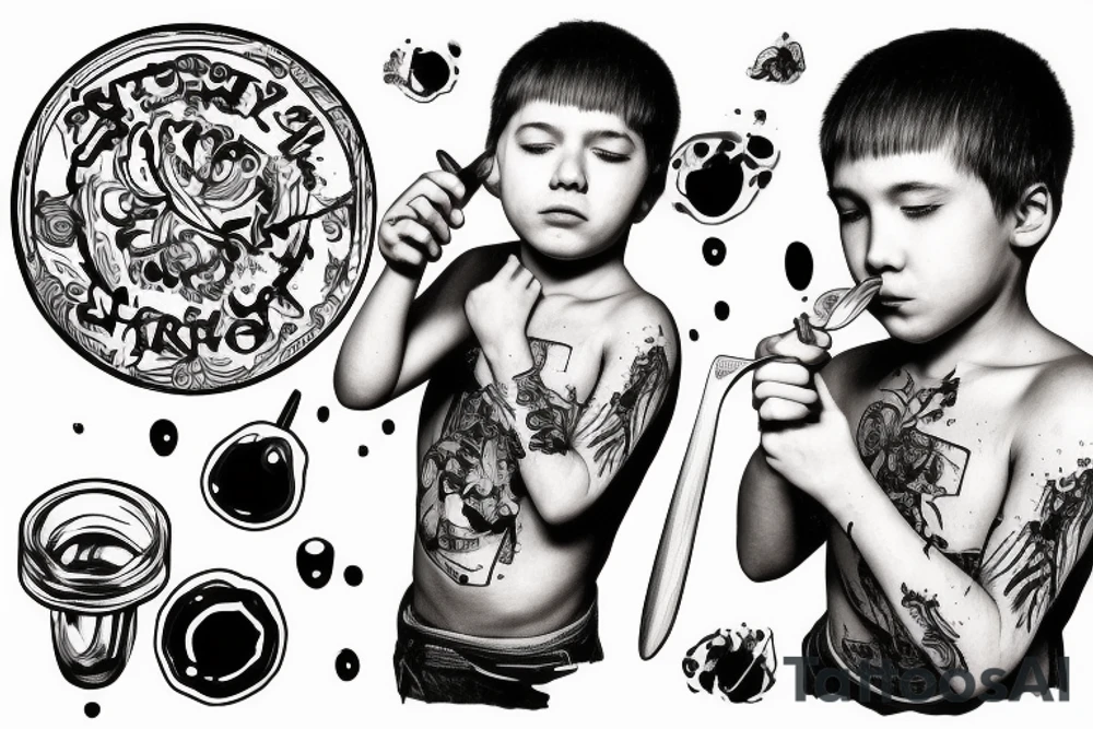 a boy on stairs looking up with a spoon in hand spilling a bit oil from it tattoo idea