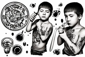 a boy on stairs looking up with a spoon in hand spilling a bit oil from it tattoo idea
