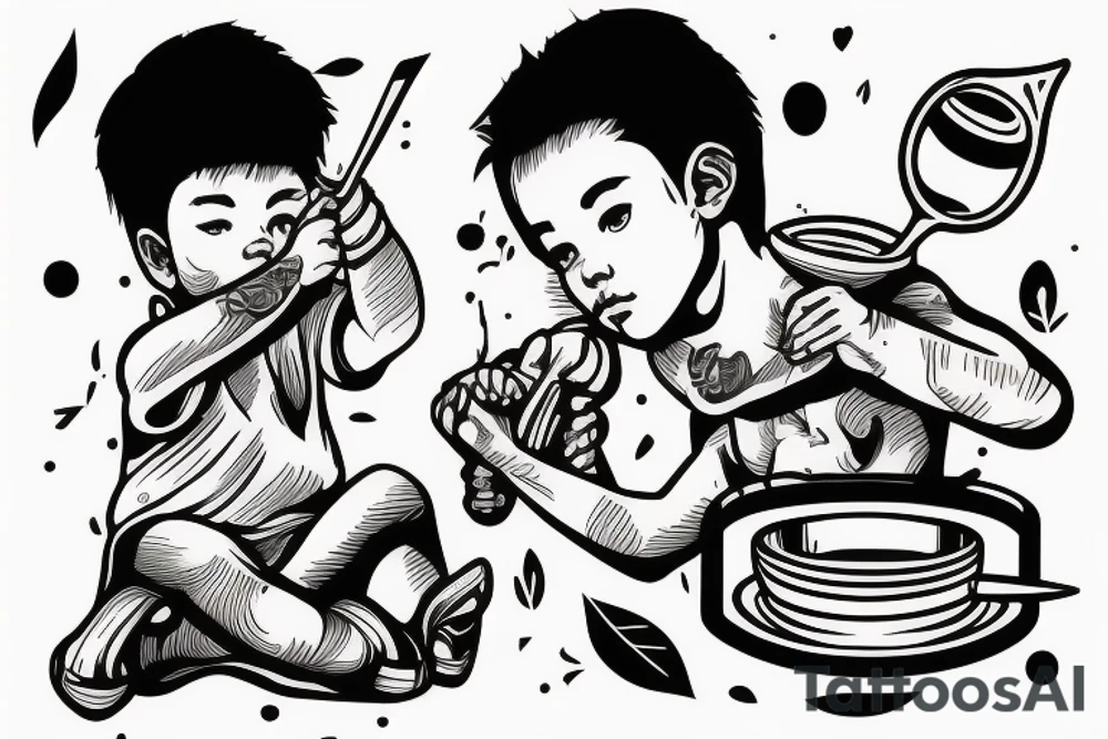a boy on stairs looking up with a spoon in hand spilling a bit oil from it tattoo idea