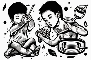 a boy on stairs looking up with a spoon in hand spilling a bit oil from it tattoo idea