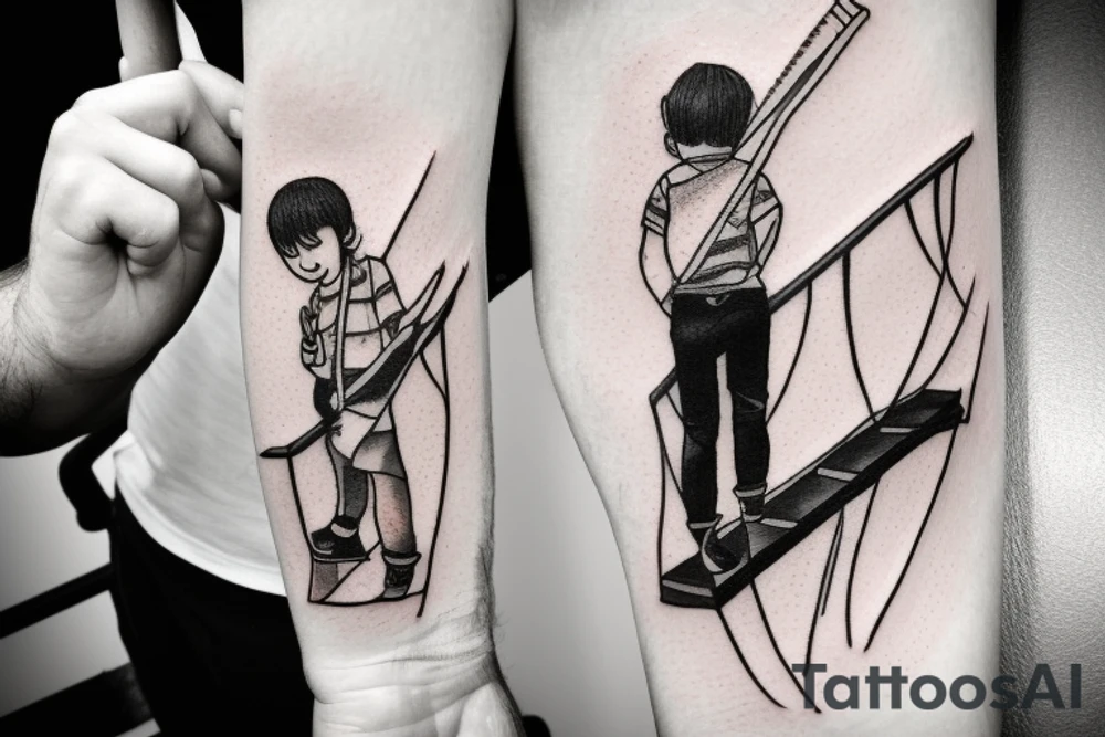 a boy on stairs walking around with a spoon full with oil in hand and trying to not spill it tattoo idea