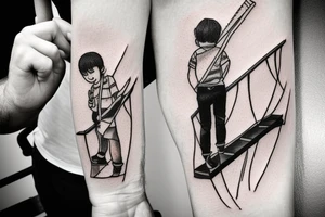 a boy on stairs walking around  with a spoon full with oil in hand and trying to not spill it tattoo idea