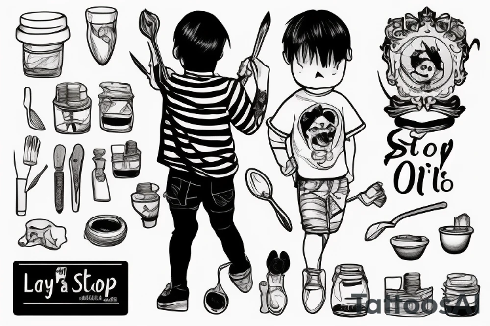 a boy on stairs walking around  with a spoon full with oil in hand and trying to not spill it tattoo idea