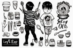 a boy on stairs walking around  with a spoon full with oil in hand and trying to not spill it tattoo idea