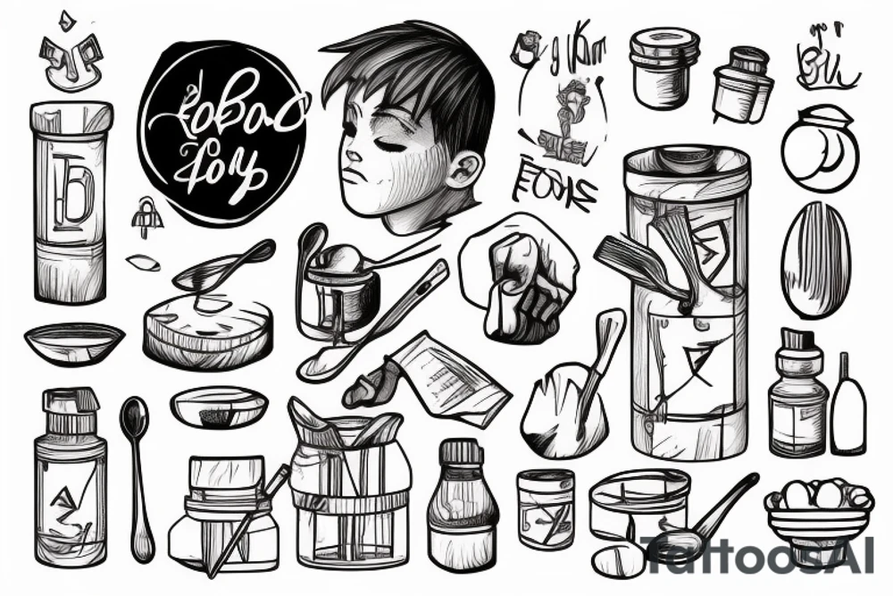 a boy on stairs walking around  with a spoon full with oil in hand and trying to not spill it tattoo idea