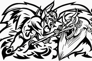 Satan fighting spartan with a clear divided line tattoo idea