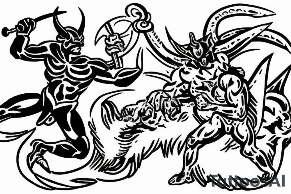 Satan fighting spartan with a clear divided line tattoo idea Satan fighting spartan with a clear divided line tattoo idea