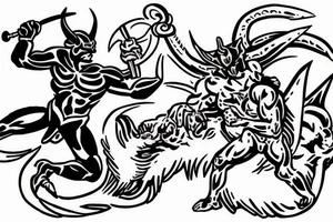 Satan fighting spartan with a clear divided line tattoo idea