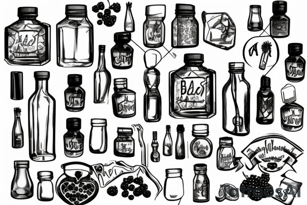 Clear glass bottle with blackberries inside tattoo idea