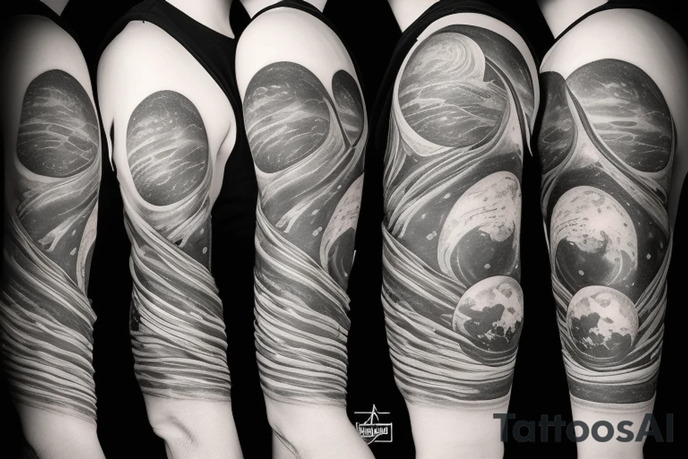 Astronaut sitting on a moon and planets revolving around him. tattoo idea
