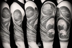 Astronaut sitting on a moon and planets revolving around him. tattoo idea
