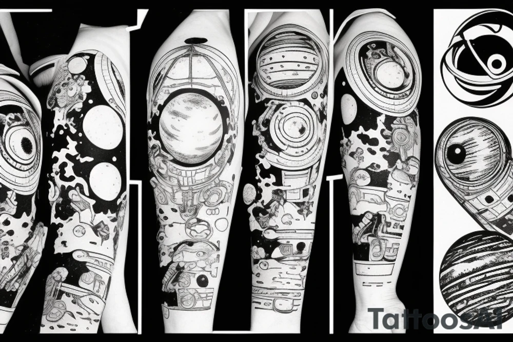 Astronaut sitting on a moon and planets revolving around him. tattoo idea