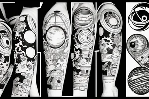Astronaut sitting on a moon and planets revolving around him. tattoo idea