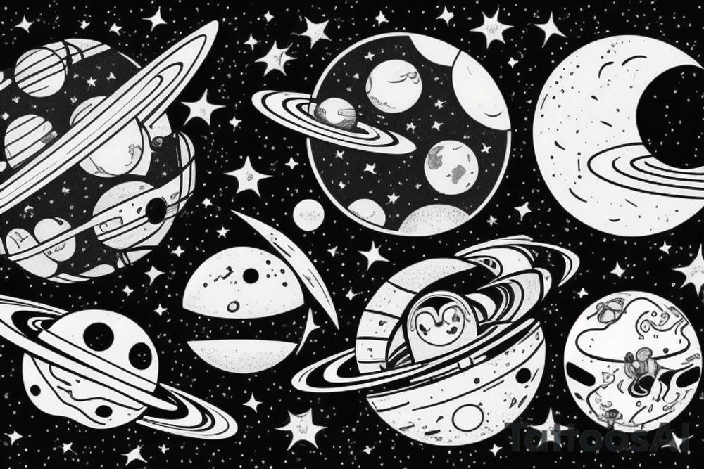 Astronaut sitting on a moon and planets revolving around him. tattoo idea