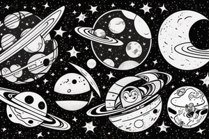 Astronaut sitting on a moon and planets revolving around him. tattoo idea