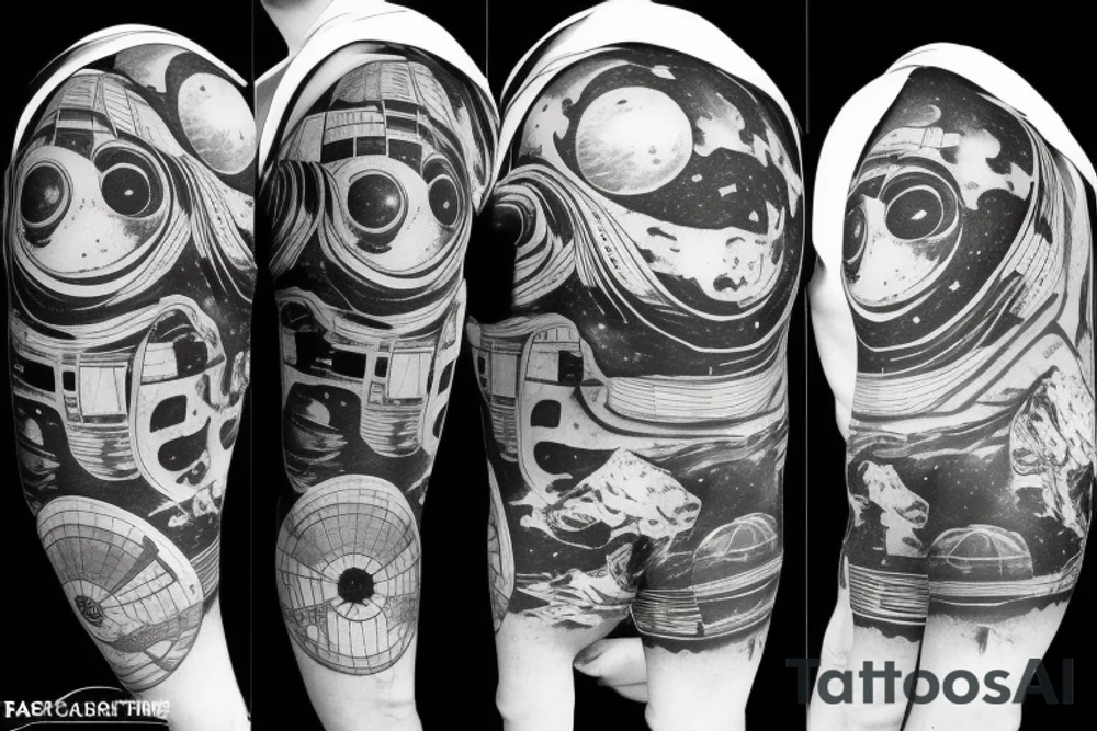 Astronaut sitting on a moon and planets revolving around him. tattoo idea