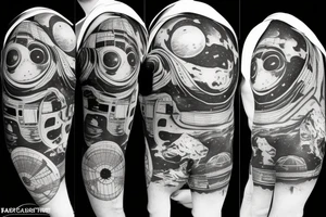 Astronaut sitting on a moon and planets revolving around him. tattoo idea