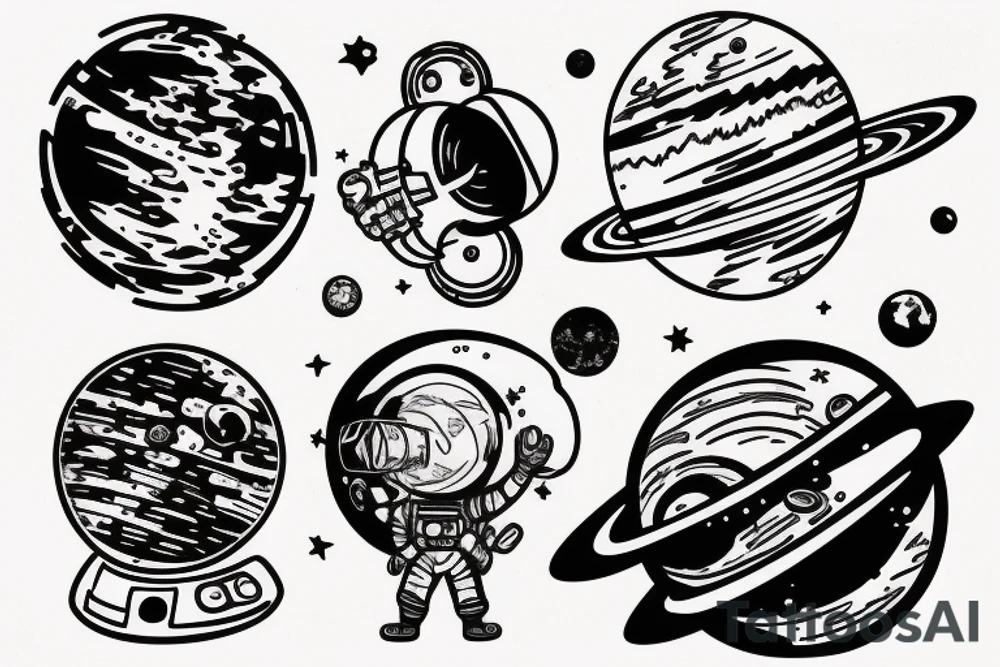 Astronaut sitting on a moon and planets revolving around him. tattoo idea