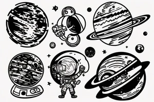 Astronaut sitting on a moon and planets revolving around him. tattoo idea
