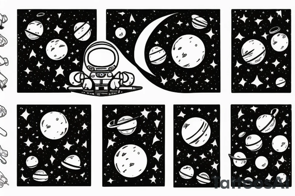 Astronaut sitting on a moon and planets revolving around him. tattoo idea