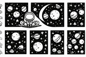 Astronaut sitting on a moon and planets revolving around him. tattoo idea