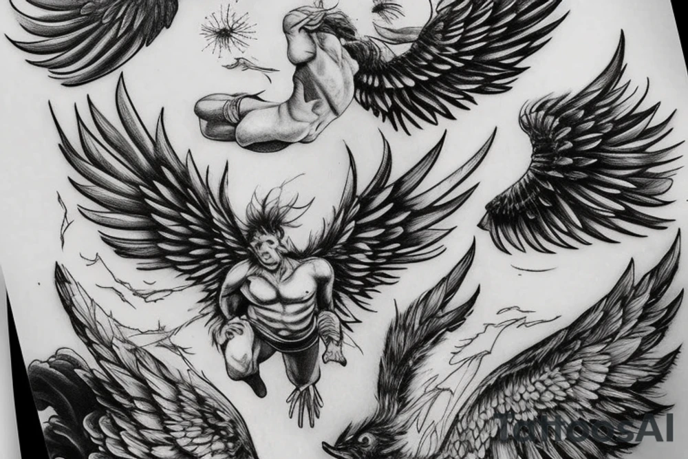 Icarus bursting through clouds with his wings melting tattoo idea Icarus bursting through clouds with his wings melting tattoo idea