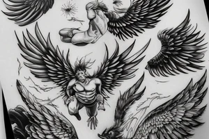 Icarus bursting through clouds with his wings melting tattoo idea