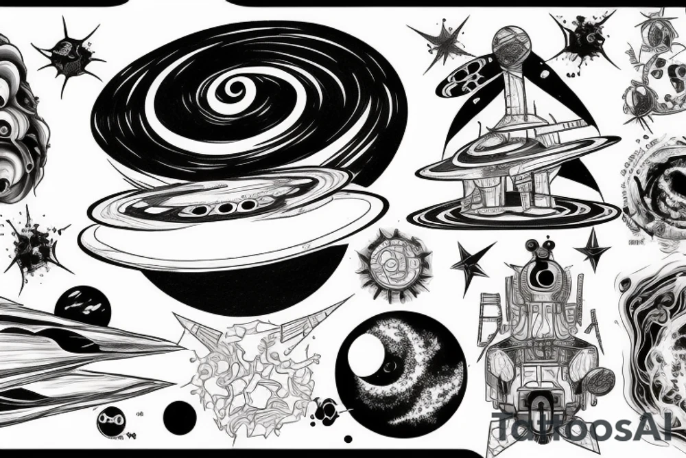 Black hole consuming planets, space ships, and lyrics tattoo idea