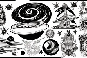 Black hole consuming planets, space ships, and lyrics tattoo idea