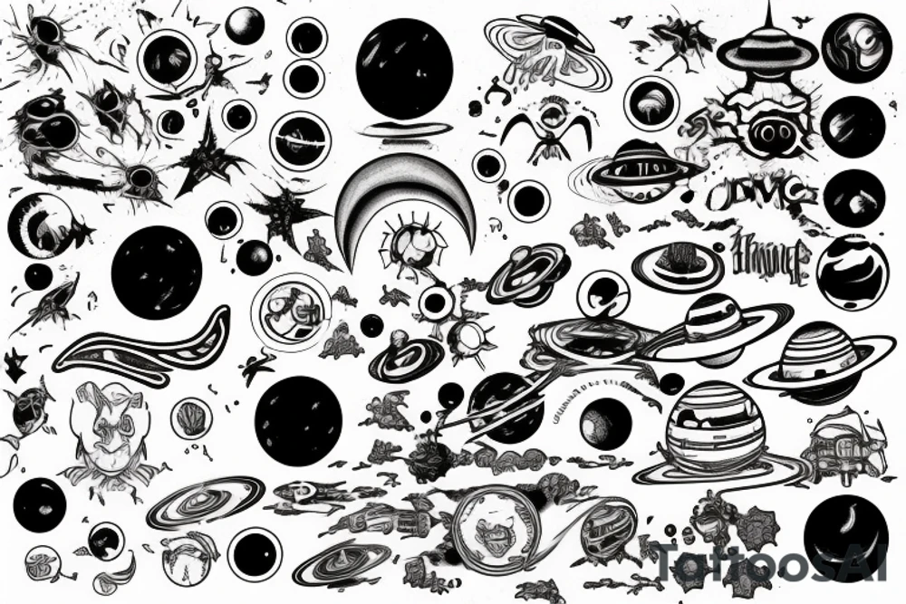 Black hole consuming planets, space ships, and lyrics tattoo idea