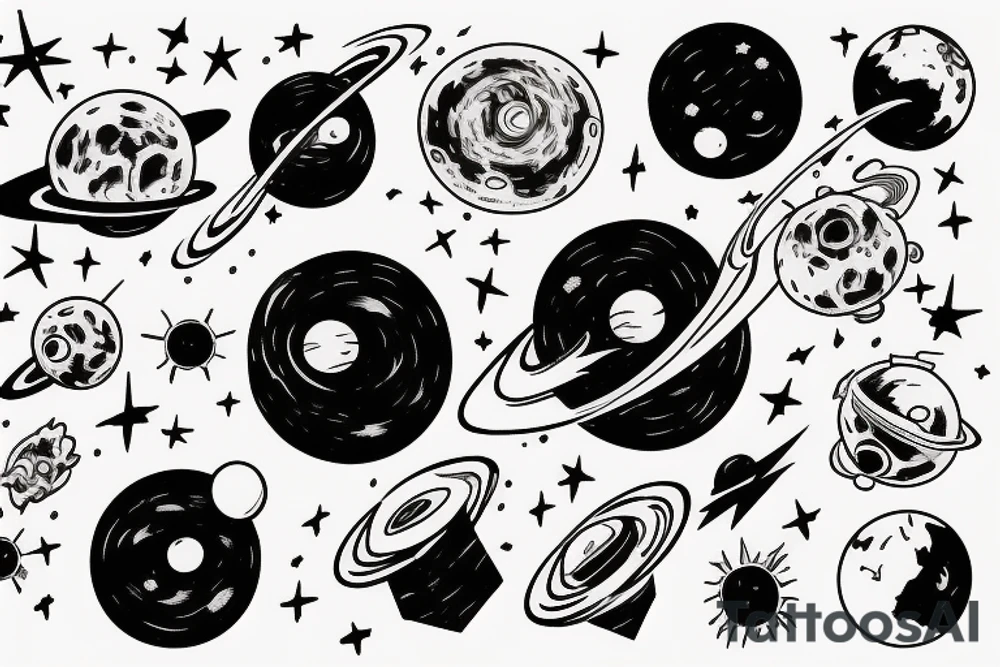 A black hole pulling in and destroying planets, space ships, and lyrics tattoo idea