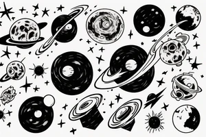A black hole pulling in and destroying planets, space ships, and lyrics tattoo idea