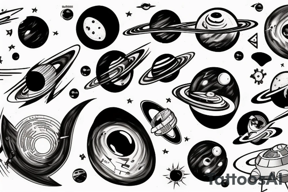 A black hole pulling in and destroying planets, space ships, and lyrics tattoo idea