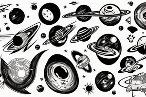A black hole pulling in and destroying planets, space ships, and lyrics tattoo idea