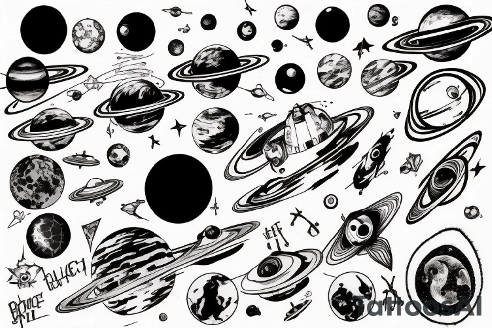 Black hole, space ships and planets tattoo idea