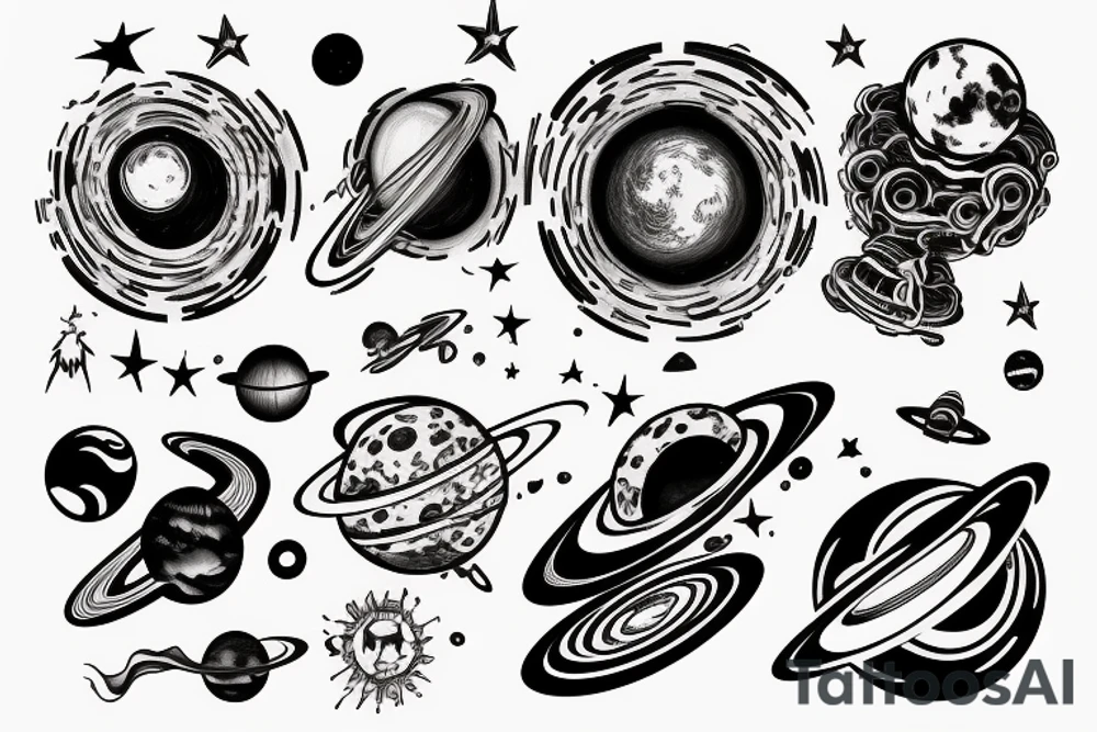 Black hole, space ships and planets tattoo idea