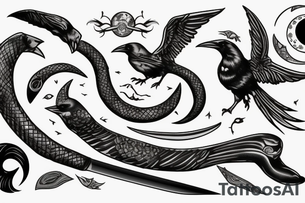 raven, ivy, sword, serpent and moon tattoo idea