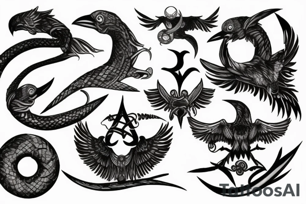 raven, ivy, sword, serpent and moon tattoo idea